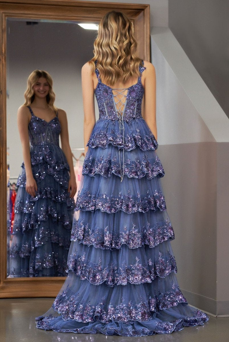 Grey Blue Princess A Line Off the Shoulder Corset Prom Dress with Lace Ruffles - KissProm