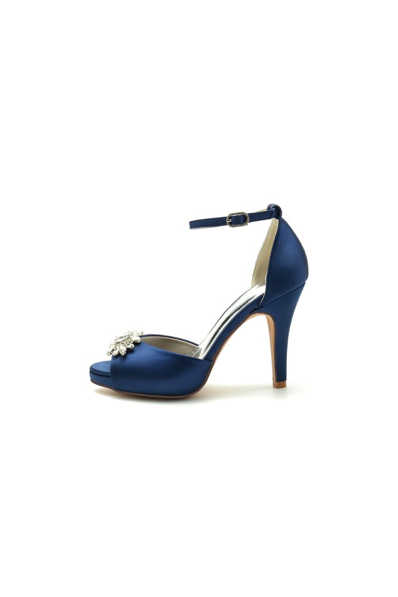 Royal Blue Silk Heels with Crystal Flower Ornament - KissProm
