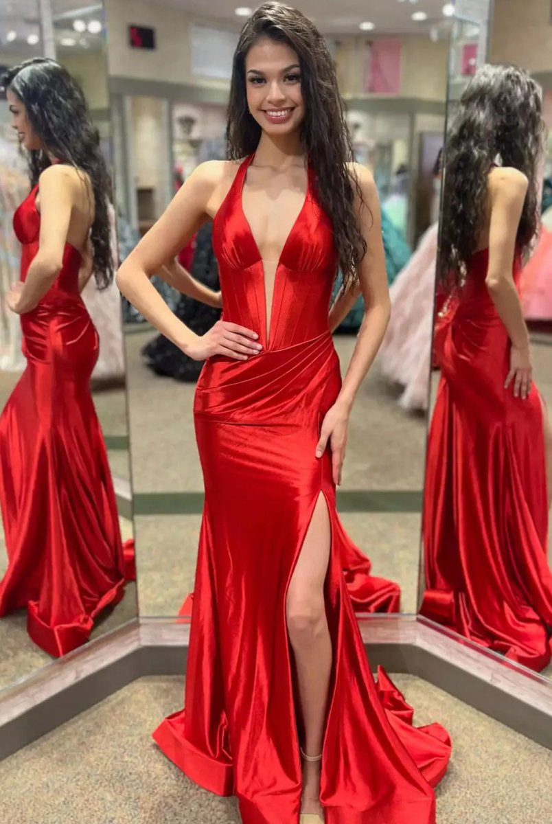 Josie | Navy Halter Corset Mermaid Plunging Deep V-neck Ruched Long Formal Dress with Slit