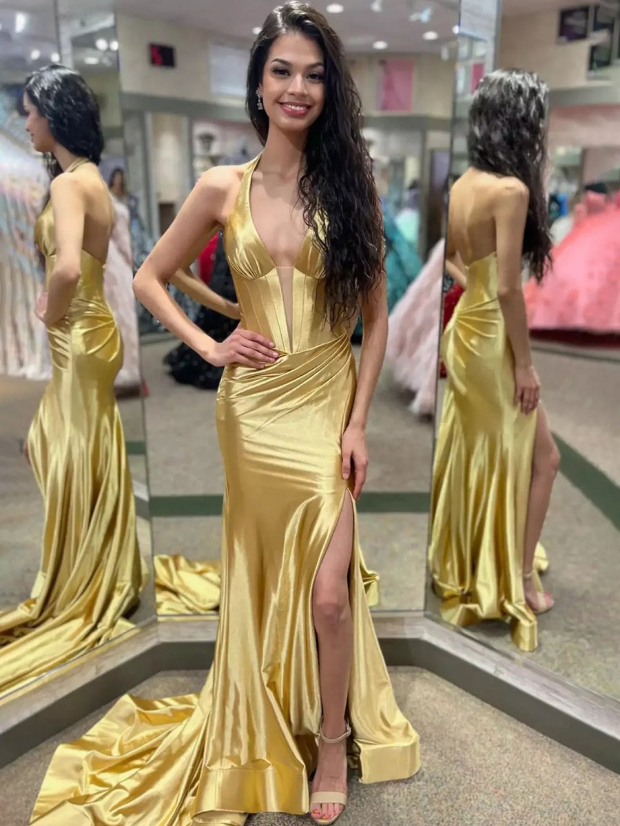 Josie | Navy Halter Corset Mermaid Plunging Deep V-neck Ruched Long Formal Dress with Slit