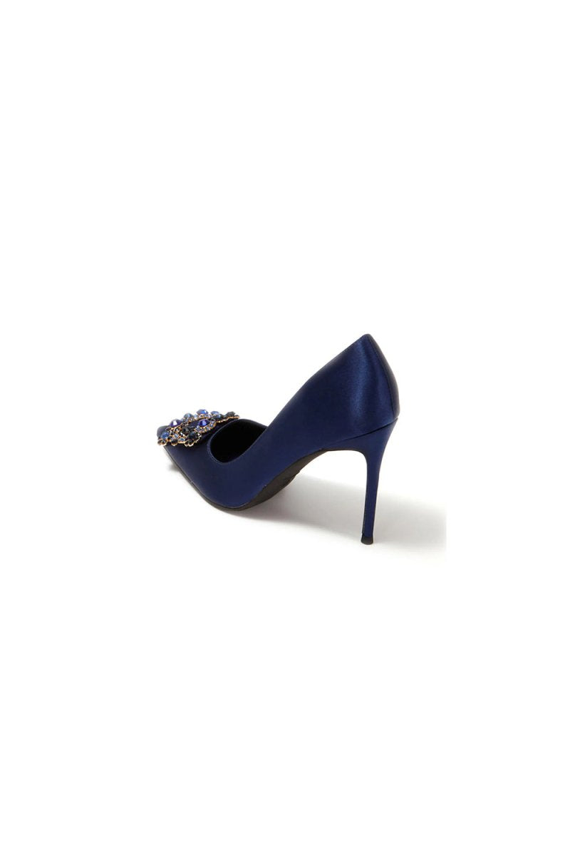 Navy Wedding Satin Pointed Toe Rhinestones Buckle Stiletto Heel Pumps - KissProm