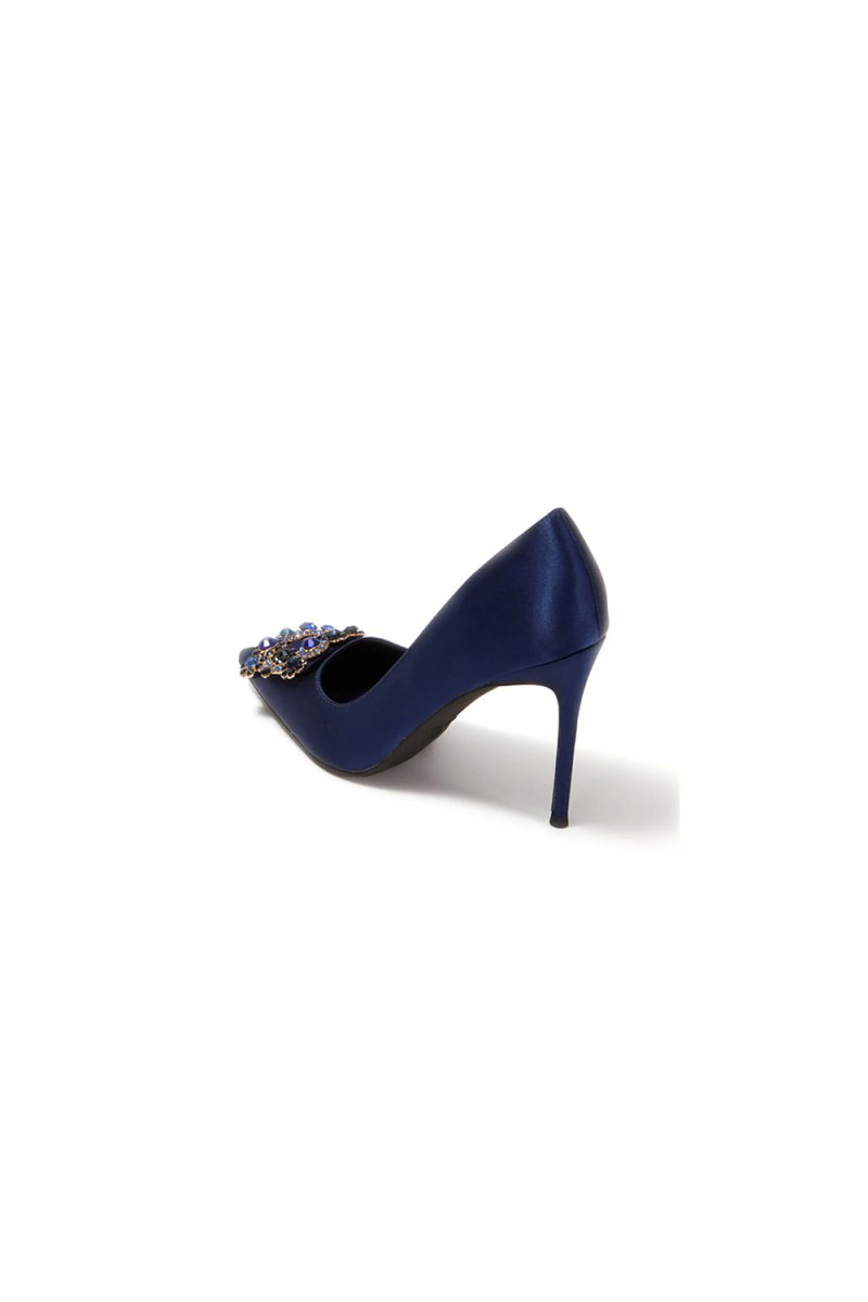 Navy Wedding Satin Pointed Toe Rhinestones Buckle Stiletto Heel Pumps - KissProm