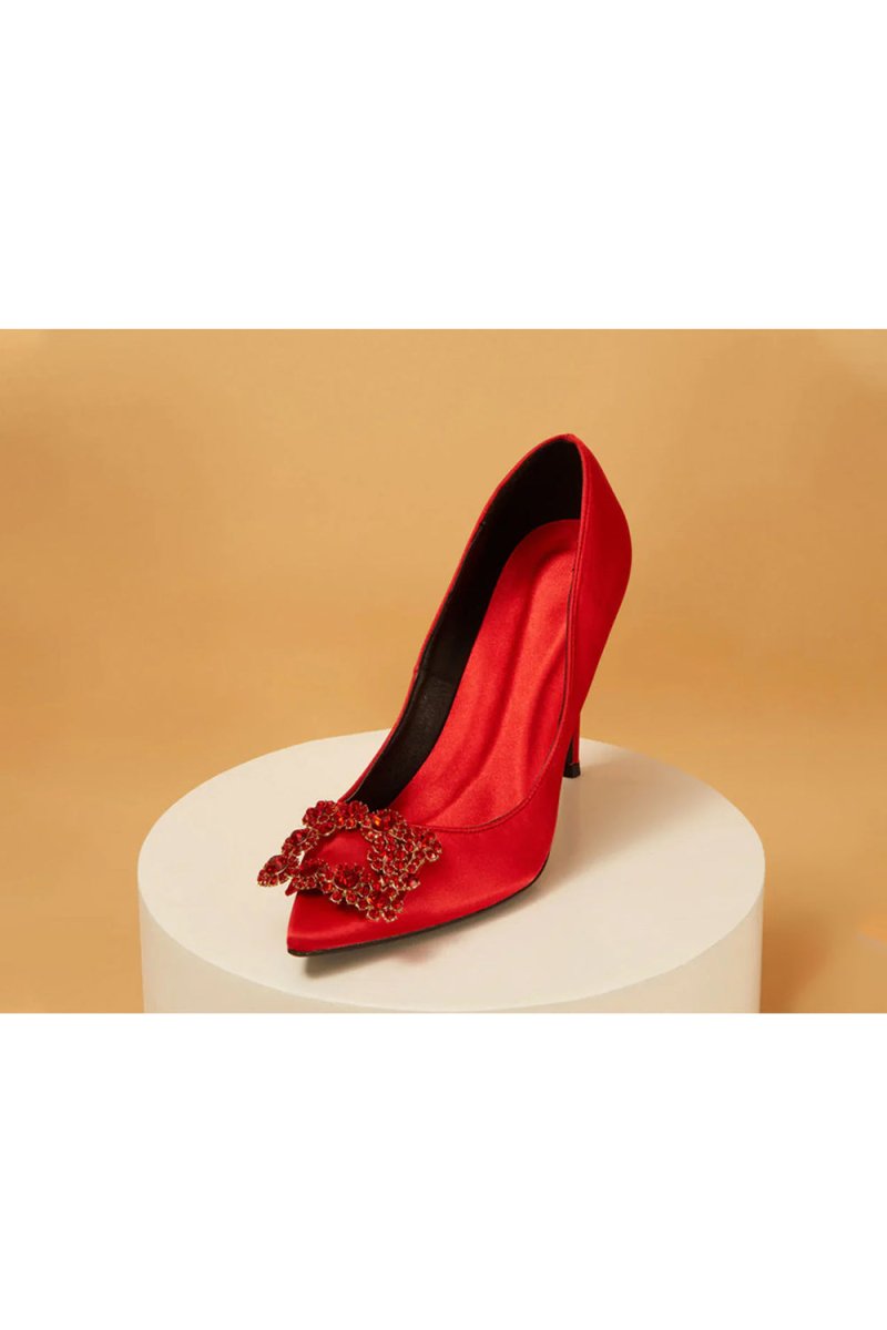 Navy Wedding Satin Pointed Toe Rhinestones Buckle Stiletto Heel Pumps - KissProm