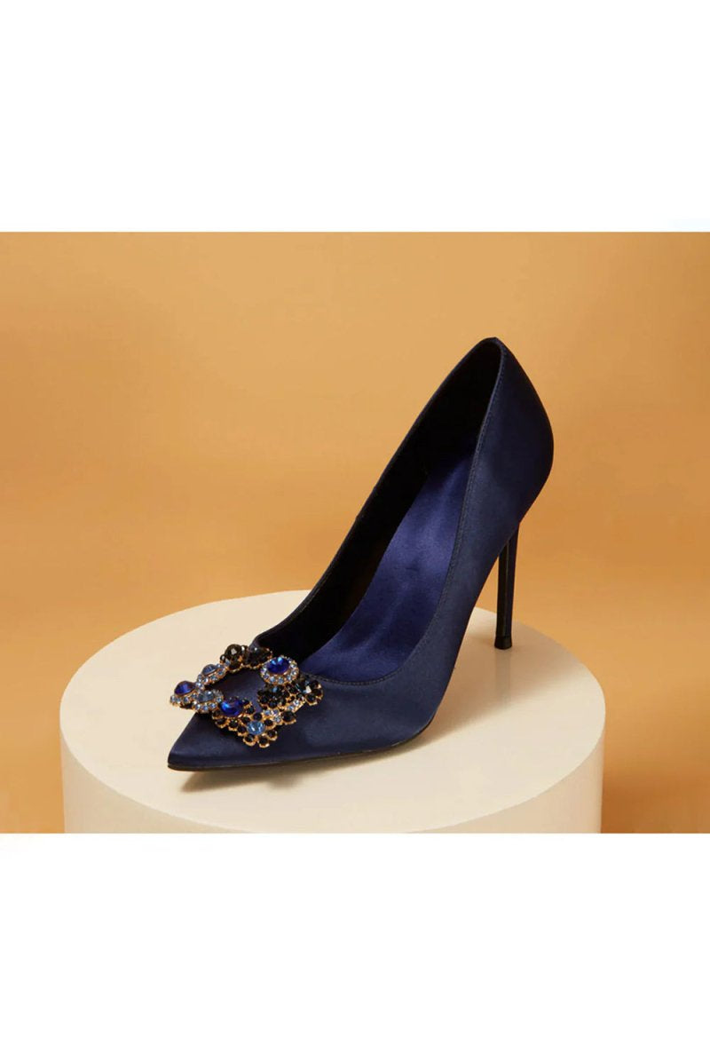 Navy Wedding Satin Pointed Toe Rhinestones Buckle Stiletto Heel Pumps - KissProm