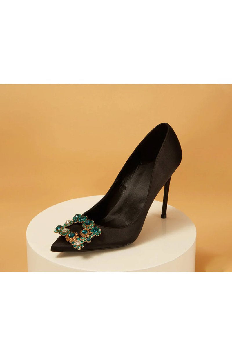 Navy Wedding Satin Pointed Toe Rhinestones Buckle Stiletto Heel Pumps - KissProm