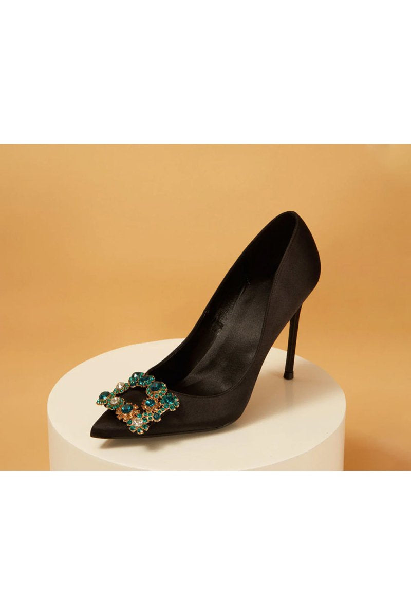 Navy Wedding Satin Pointed Toe Rhinestones Buckle Stiletto Heel Pumps - KissProm