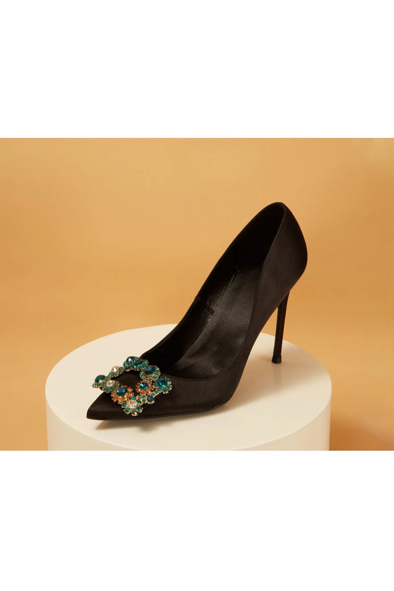 Navy Wedding Satin Pointed Toe Rhinestones Buckle Stiletto Heel Pumps - KissProm