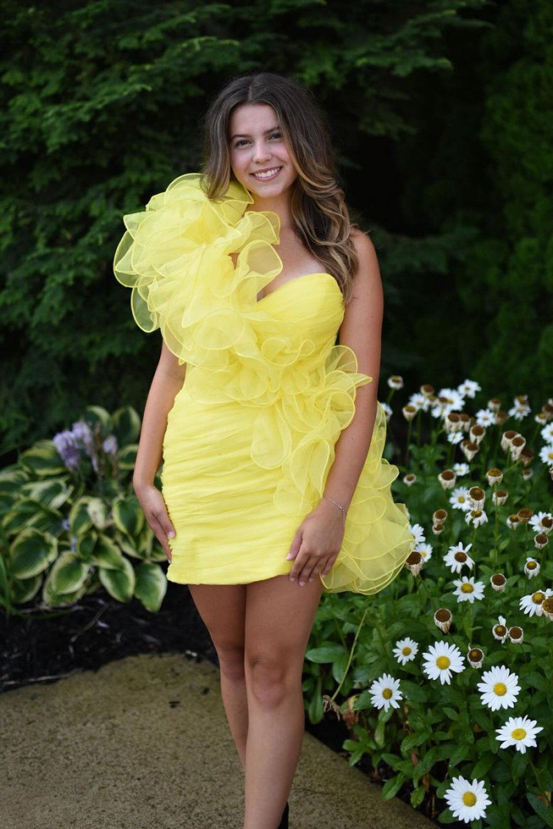 Cute Light Yellow Off-shoulder Long-sleeved Waisted A-line 17th Birthday Homecoming Dress cc3986 main image 1