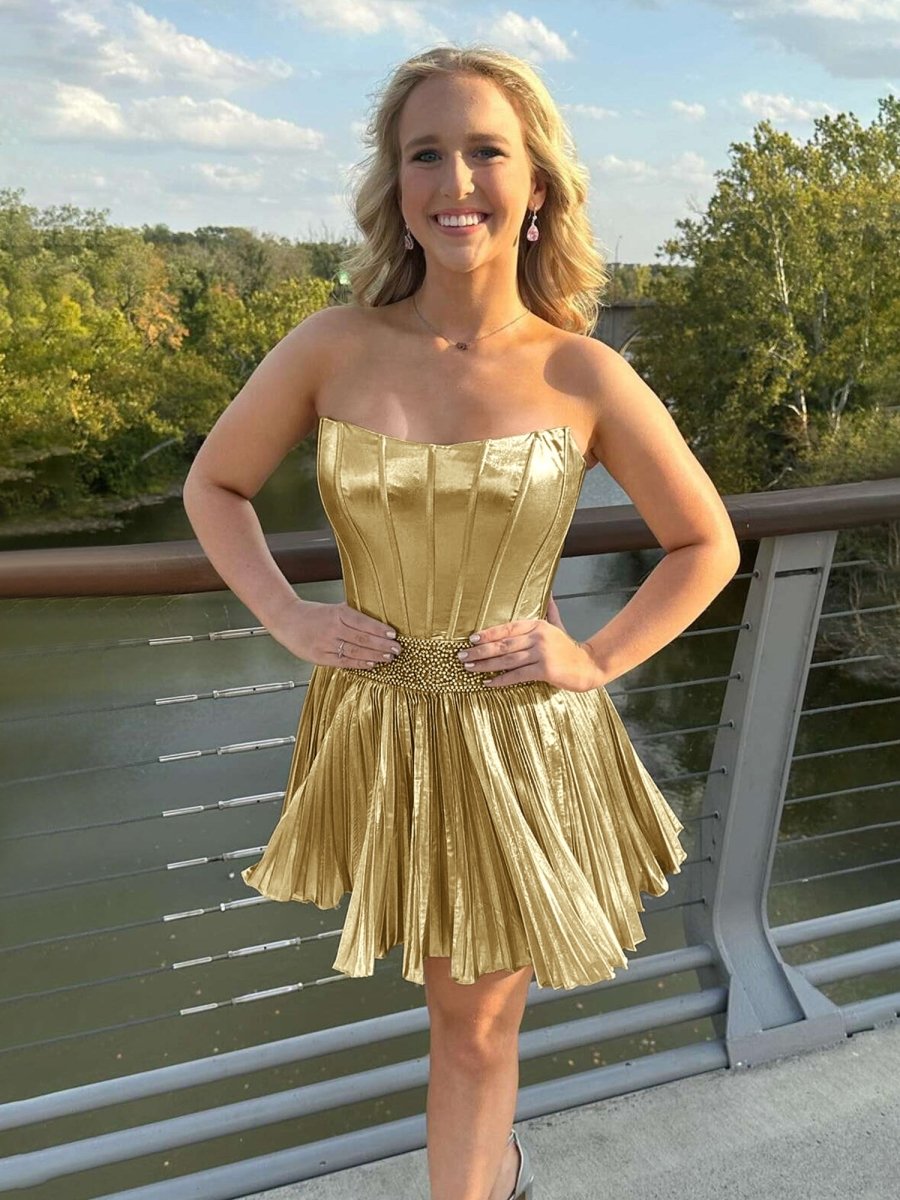 Gold - Strapless A Line Metallic Pleated Homecoming Dresses With Beadi Gold - Strapless A Line Metallic Pleated Homecoming Dresses With Beadi