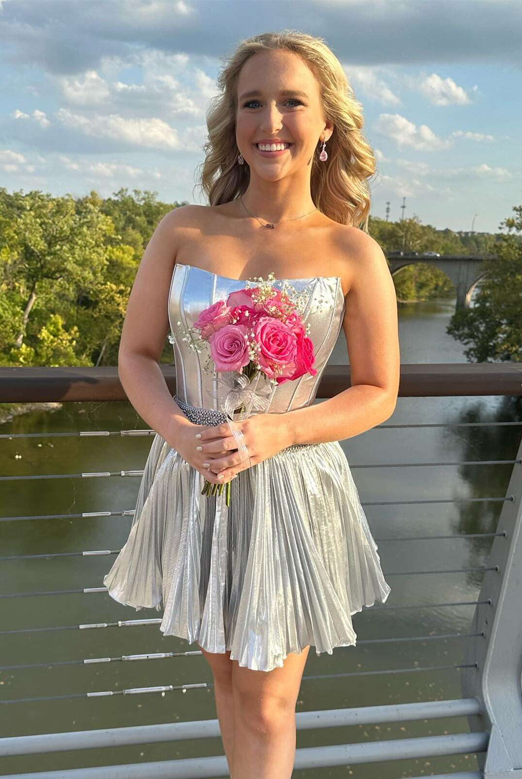 Nepeta | Silver - Strapless A Line Metallic Pleated Homecoming Dresses With Beading