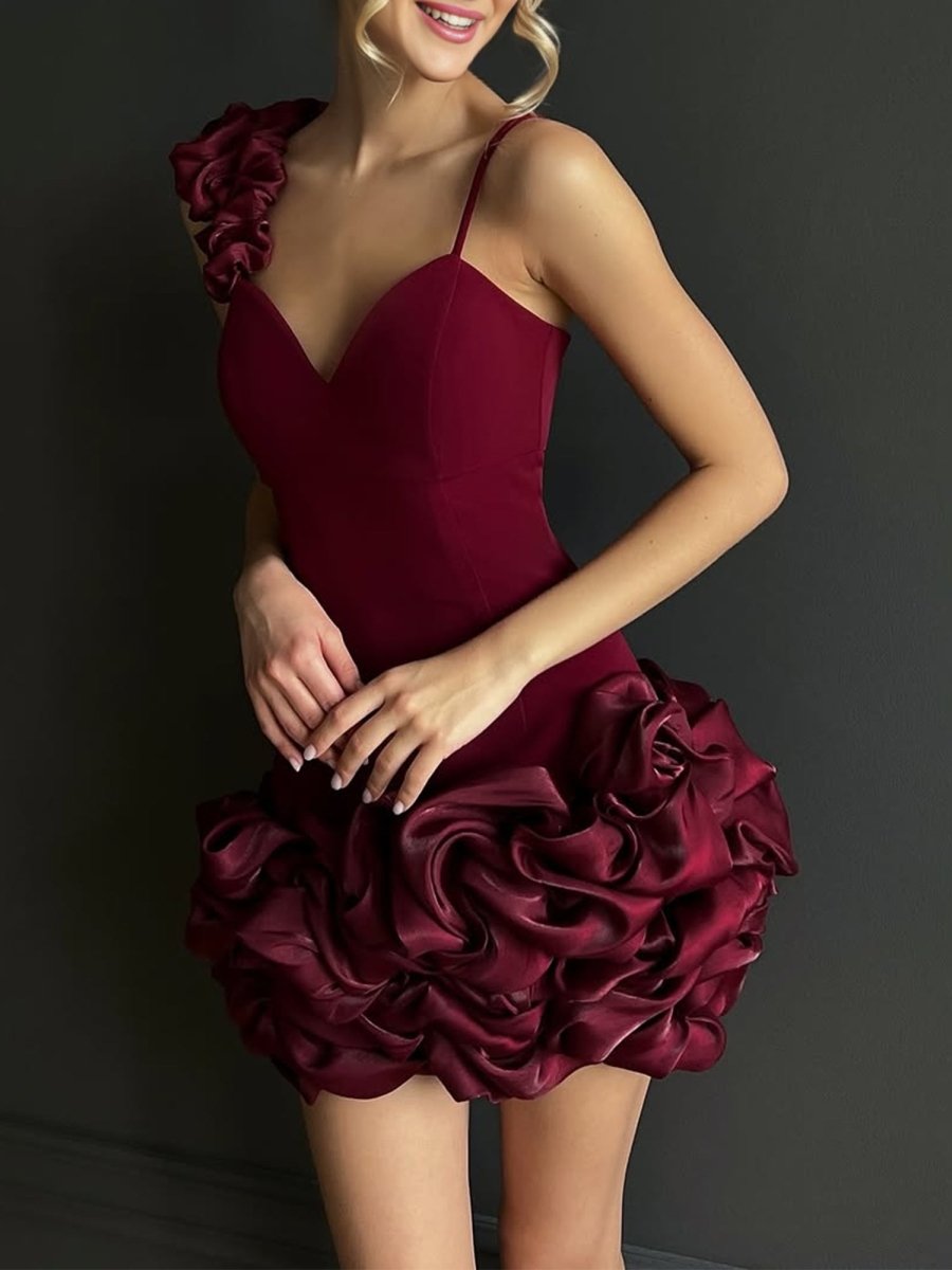 Nephele | Burgundy - Sheath Spandex Ruched V Neck Homecoming Dresses with Ruffles