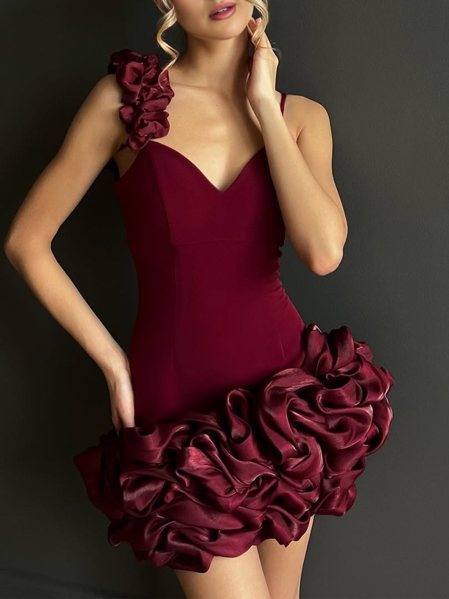 Nephele | Burgundy - Sheath Spandex Ruched V Neck Homecoming Dresses with Ruffles