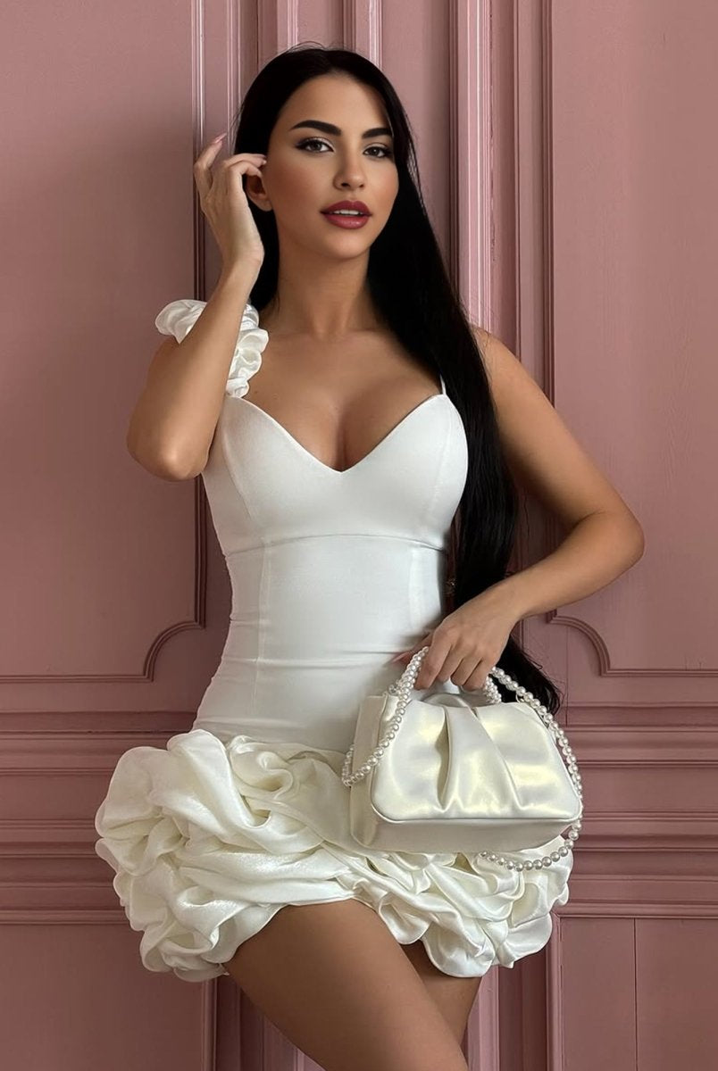 Nephele | Ivory - Sheath Spandex Ruched V Neck Homecoming Dresses with Ruffles