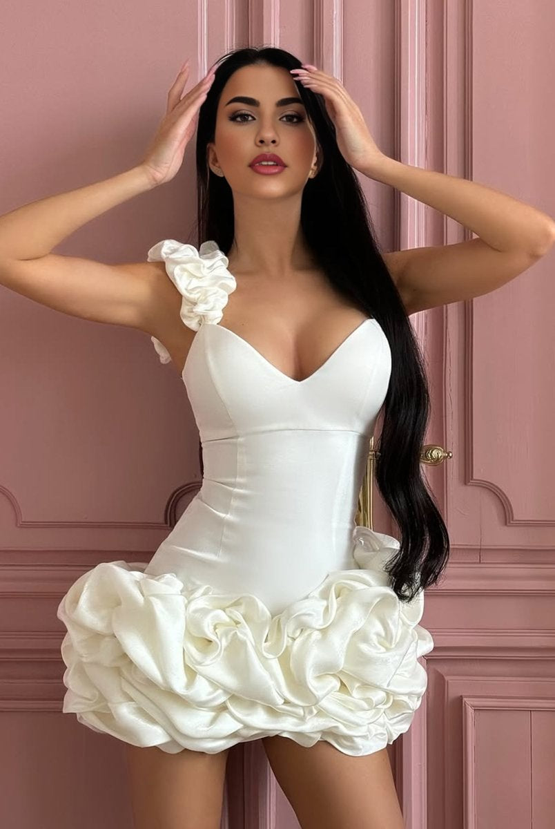 Nephele | Ivory - Sheath Spandex Ruched V Neck Homecoming Dresses with Ruffles