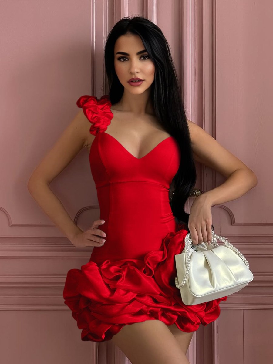 Nephele | Red - Sheath Spandex Ruched V Neck Homecoming Dresses with Ruffles
