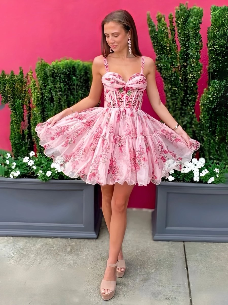 Pink - A Line Sweetheart Floral Tulle Short Homecoming Dresses Pink - A Line Sweetheart Floral Tulle Short Homecoming Dresses