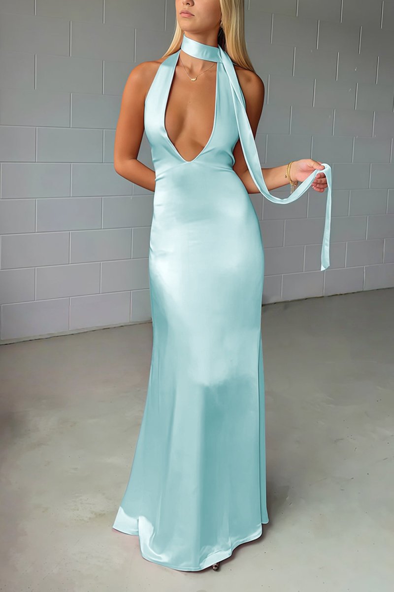 Nevado | Yellow - Halter Deep V Neck Satin Sheath Backless Long Prom Dresses - KissProm