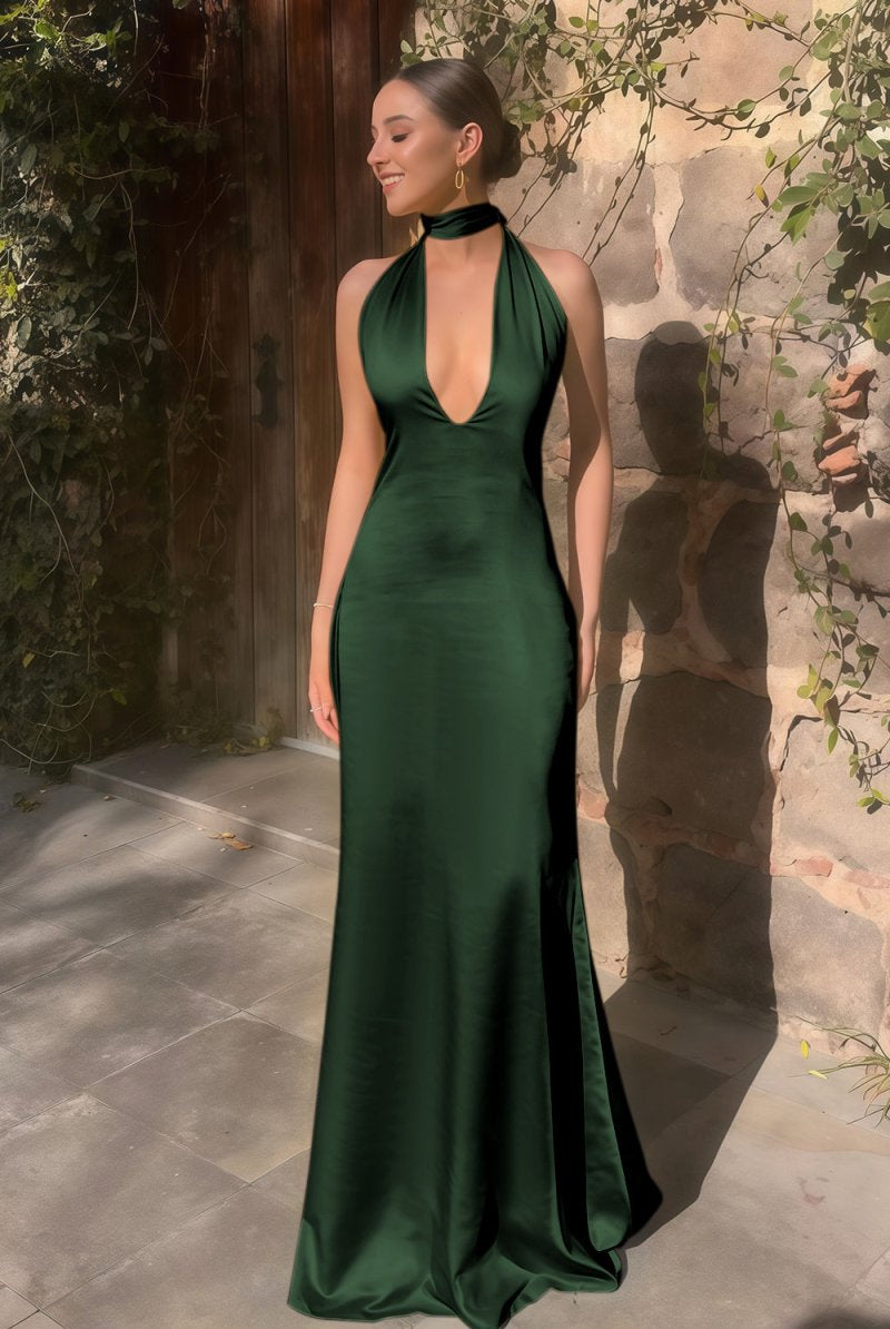 Nevado | Yellow - Halter Deep V Neck Satin Sheath Backless Long Prom Dresses - KissProm