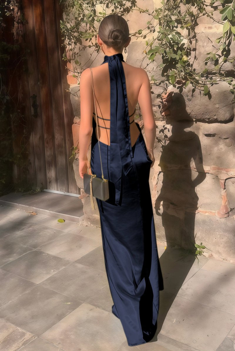 Nevado | Yellow - Halter Deep V Neck Satin Sheath Backless Long Prom Dresses - KissProm