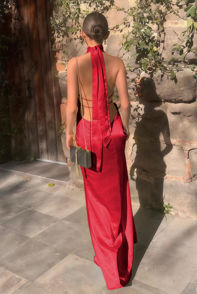 Nevado | Yellow - Halter Deep V Neck Satin Sheath Backless Long Prom Dresses - KissProm