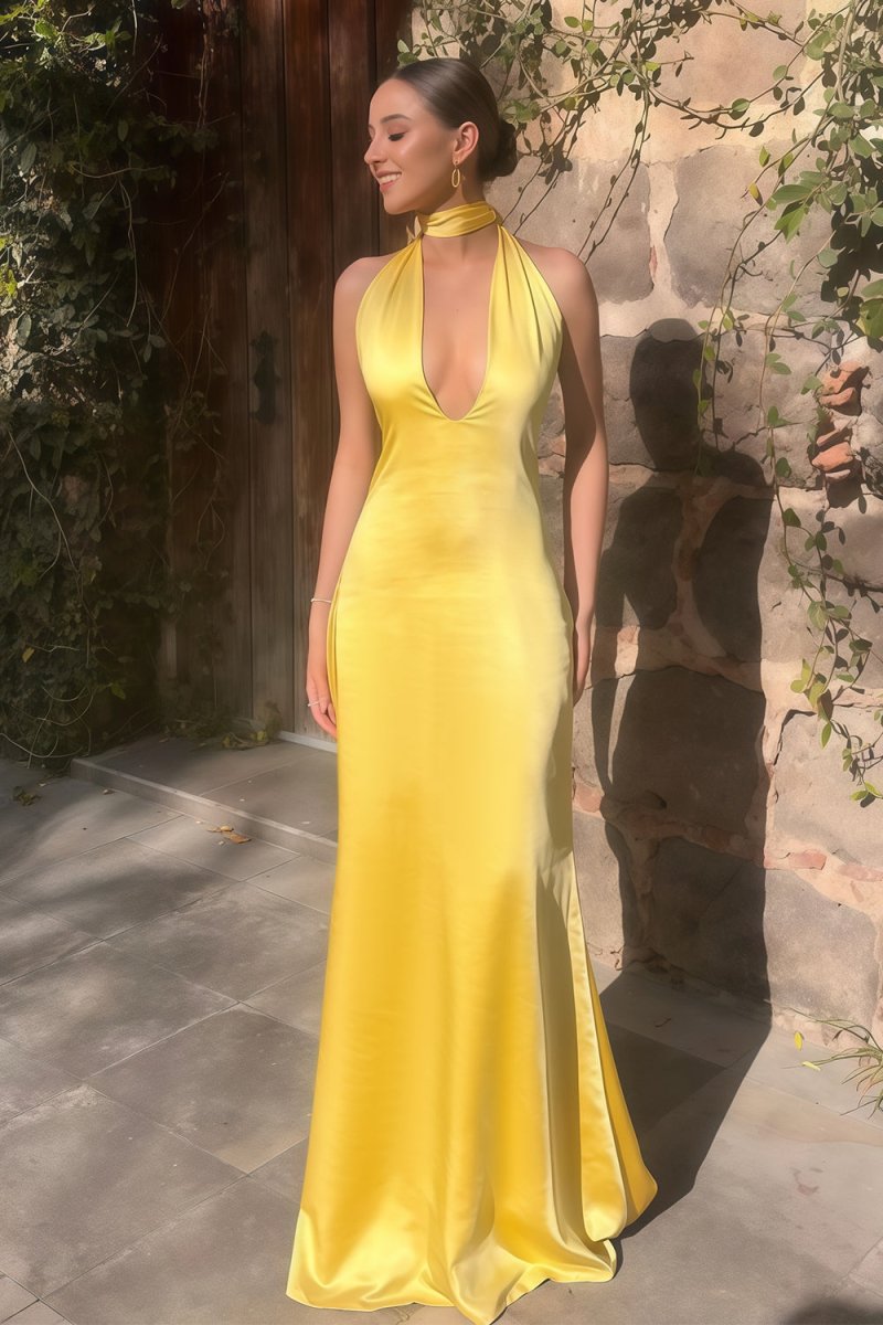 KissProm-Nevado Yellow Halter Deep V Neck Satin Sheath Backless Long Prom Dresses