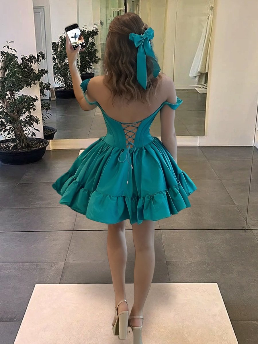 Nevara | Peacock - Off The Shoulder A Line Pleated Satin Short Homecoming Dress