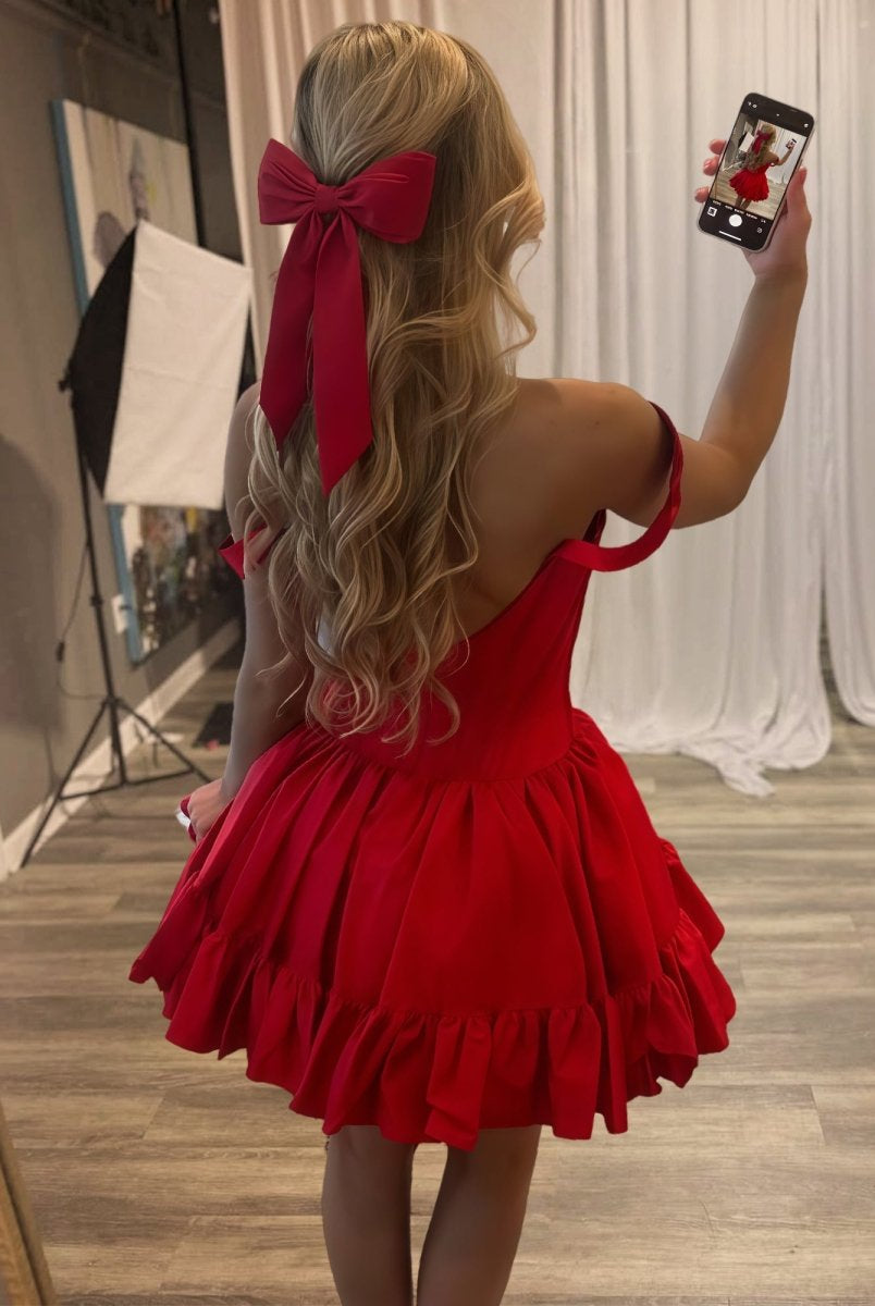 Nevara | Red - Off The Shoulder A Line Pleated Satin Short Homecoming Dress
