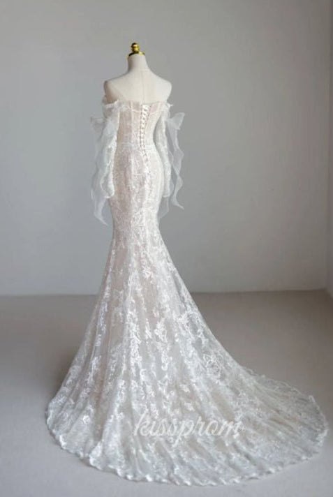Lace Mermaid Covered-Button Long Sleeve Train Wedding Dress
