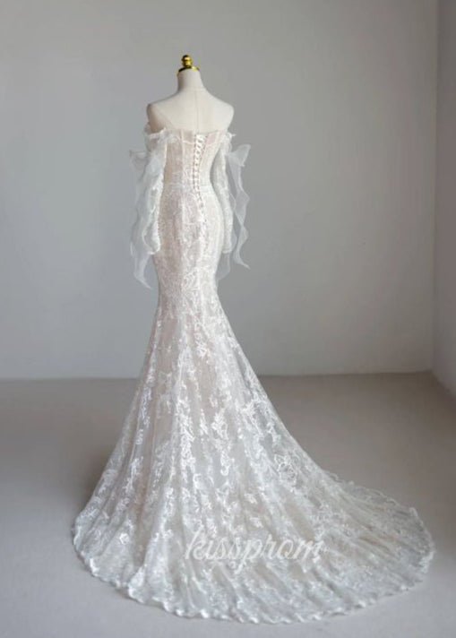 Lace Mermaid Covered-Button Long Sleeve Train Wedding Dress