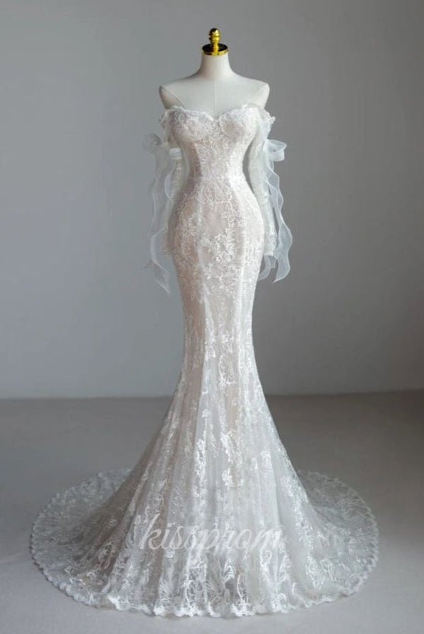 Lace Mermaid Covered-Button Long Sleeve Train Wedding Dress