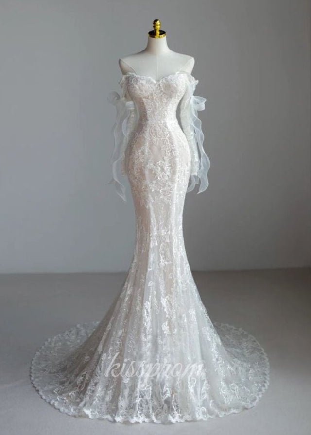 Lace Mermaid Covered-Button Long Sleeve Train Wedding Dress