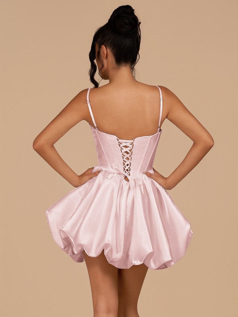 Nica | Pink - A Line Bubble hem Satin Corset Sweetheart Homecoming Dresses - KissProm