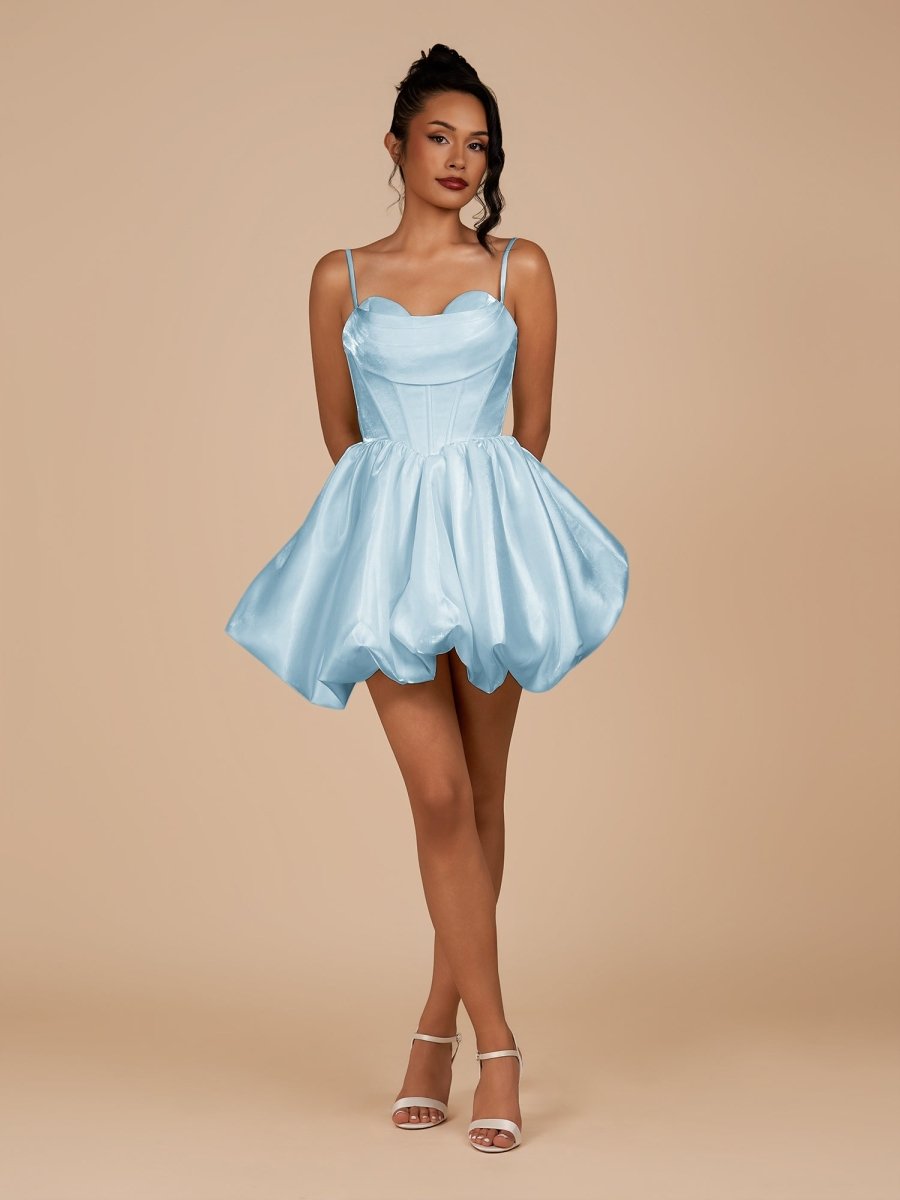Nica | Sky Blue - A Line Bubble hem Satin Corset Sweetheart Homecoming Dresses