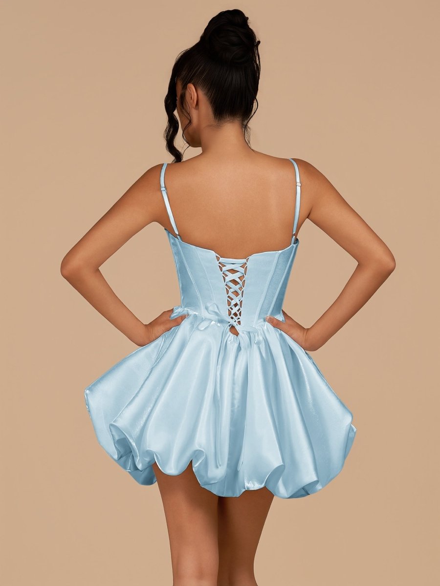 Nica | Sky Blue - A Line Bubble hem Satin Corset Sweetheart Homecoming Dresses