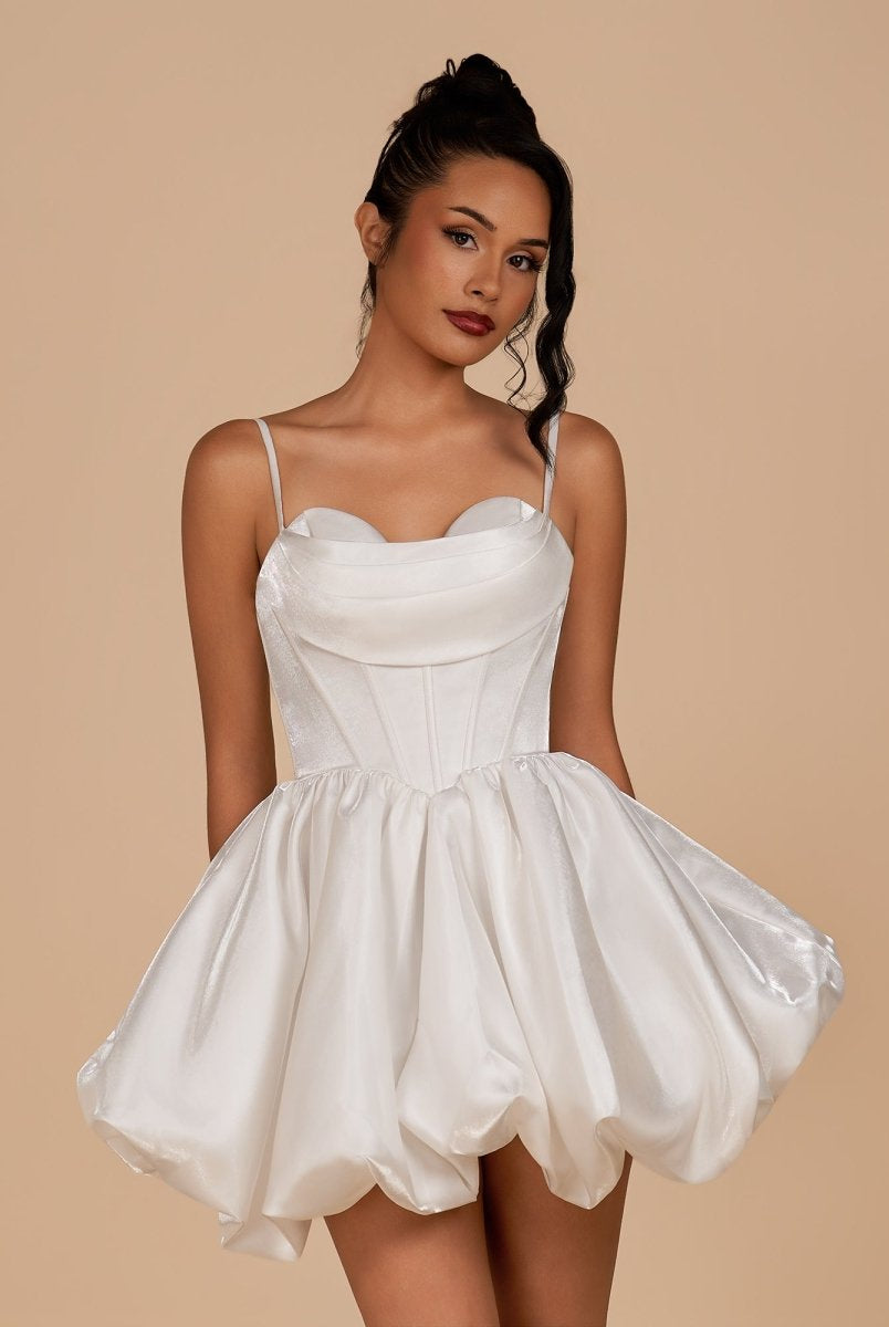 Nica | White - A Line Bubble hem Satin Corset Sweetheart Homecoming Dresses