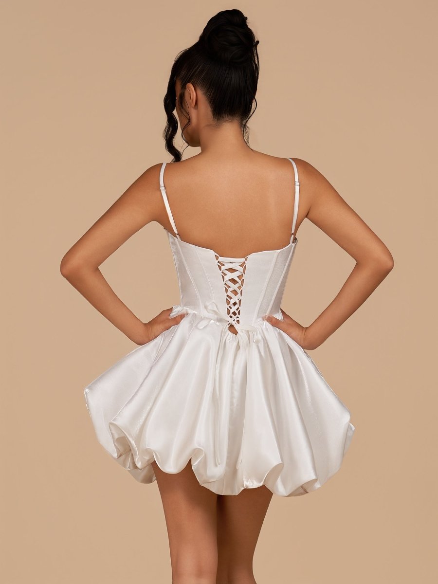 Nica | White - A Line Bubble hem Satin Corset Sweetheart Homecoming Dresses