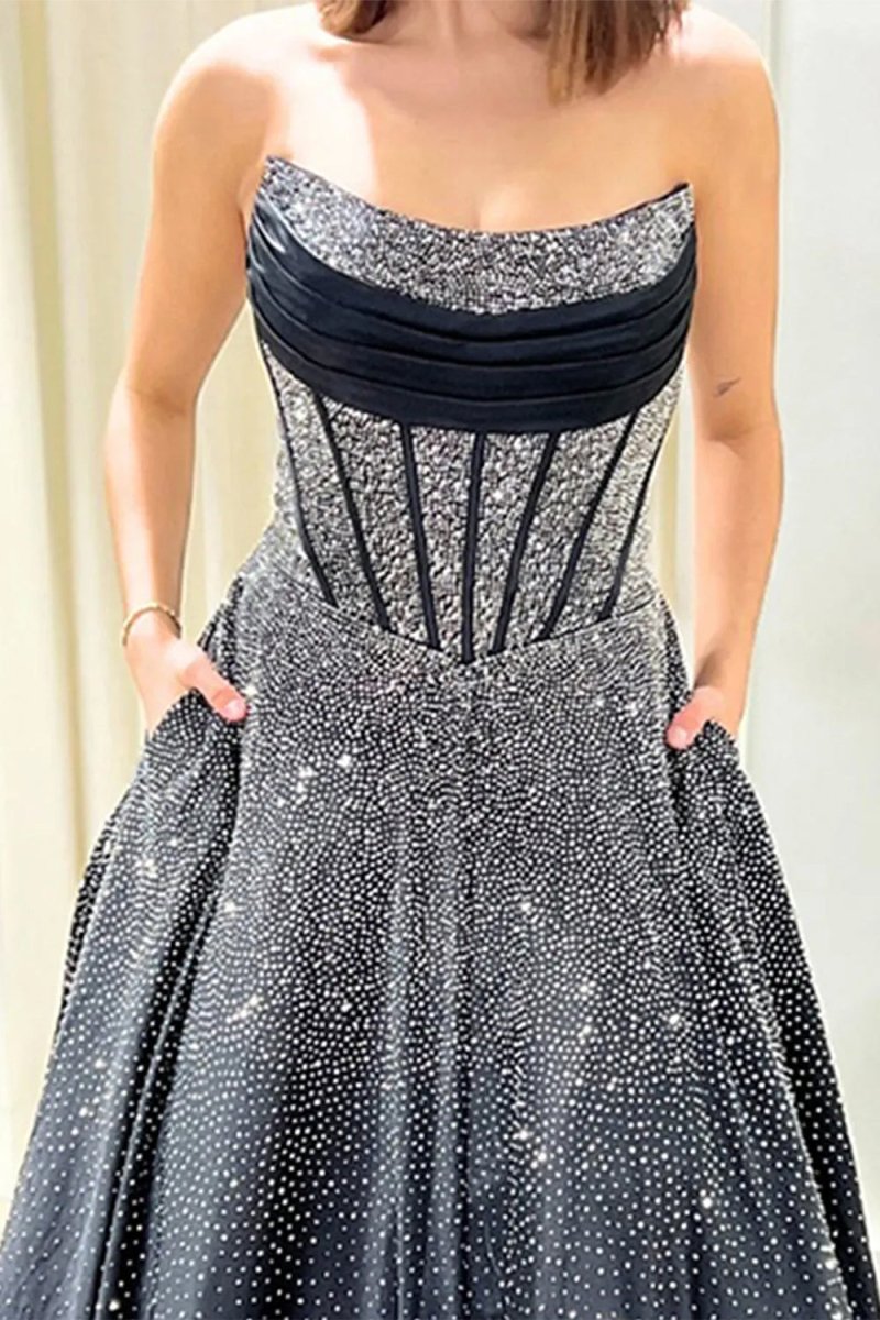 Niels | Black - Strapless A Line Satin Beaded Long Prom Dresses With Pockets - KissProm