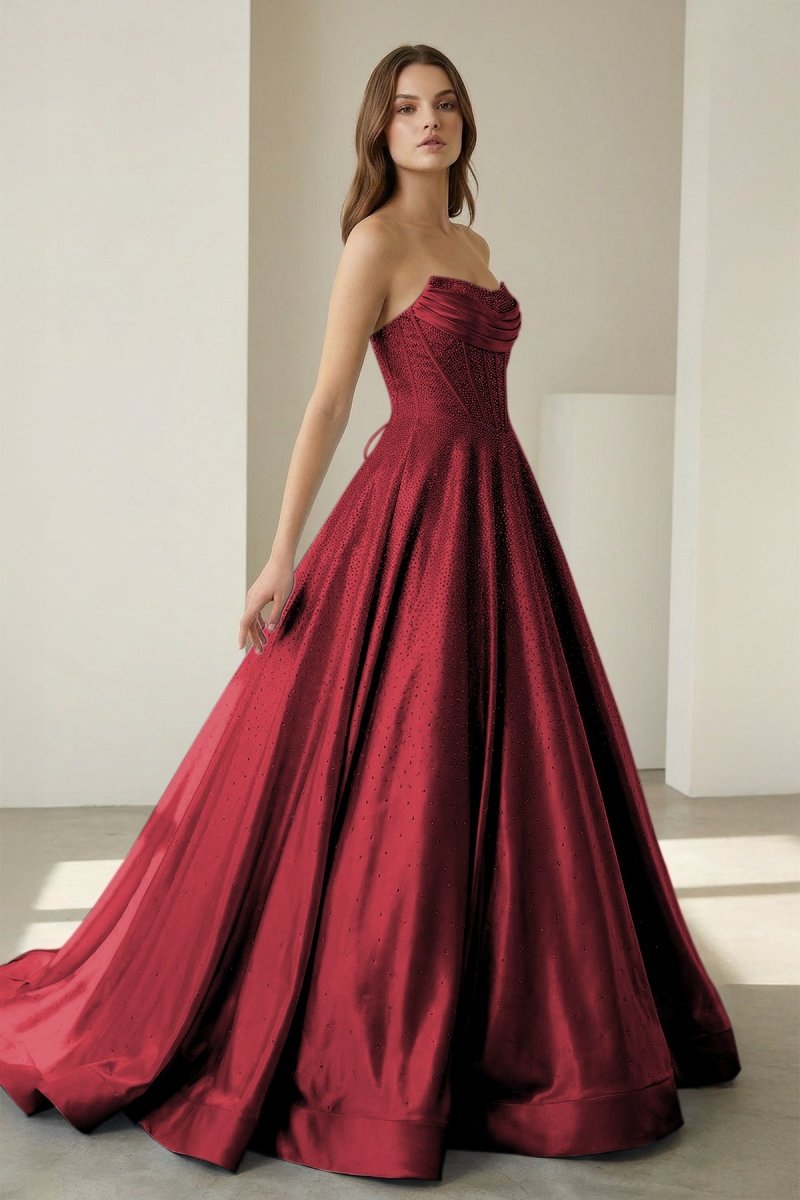 Niels | Burgundy - Strapless A Line Satin Beaded Long Prom Dresses With Pockets - KissProm