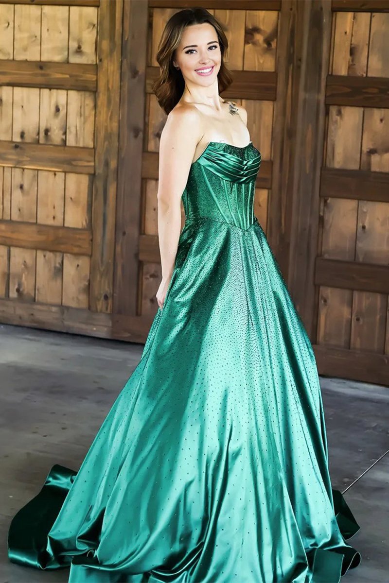Niels | Green - Strapless A Line Satin Beaded Long Prom Dresses With Pockets - KissProm