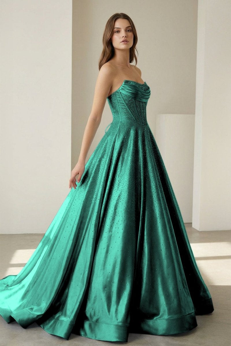 Niels | Green - Strapless A Line Satin Beaded Long Prom Dresses With Pockets - KissProm