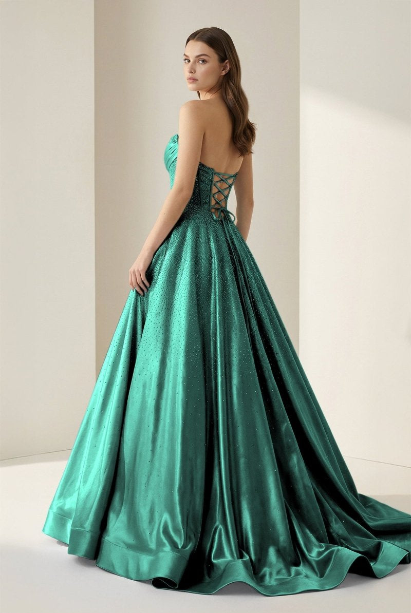 Niels | Green - Strapless A Line Satin Beaded Long Prom Dresses With Pockets - KissProm