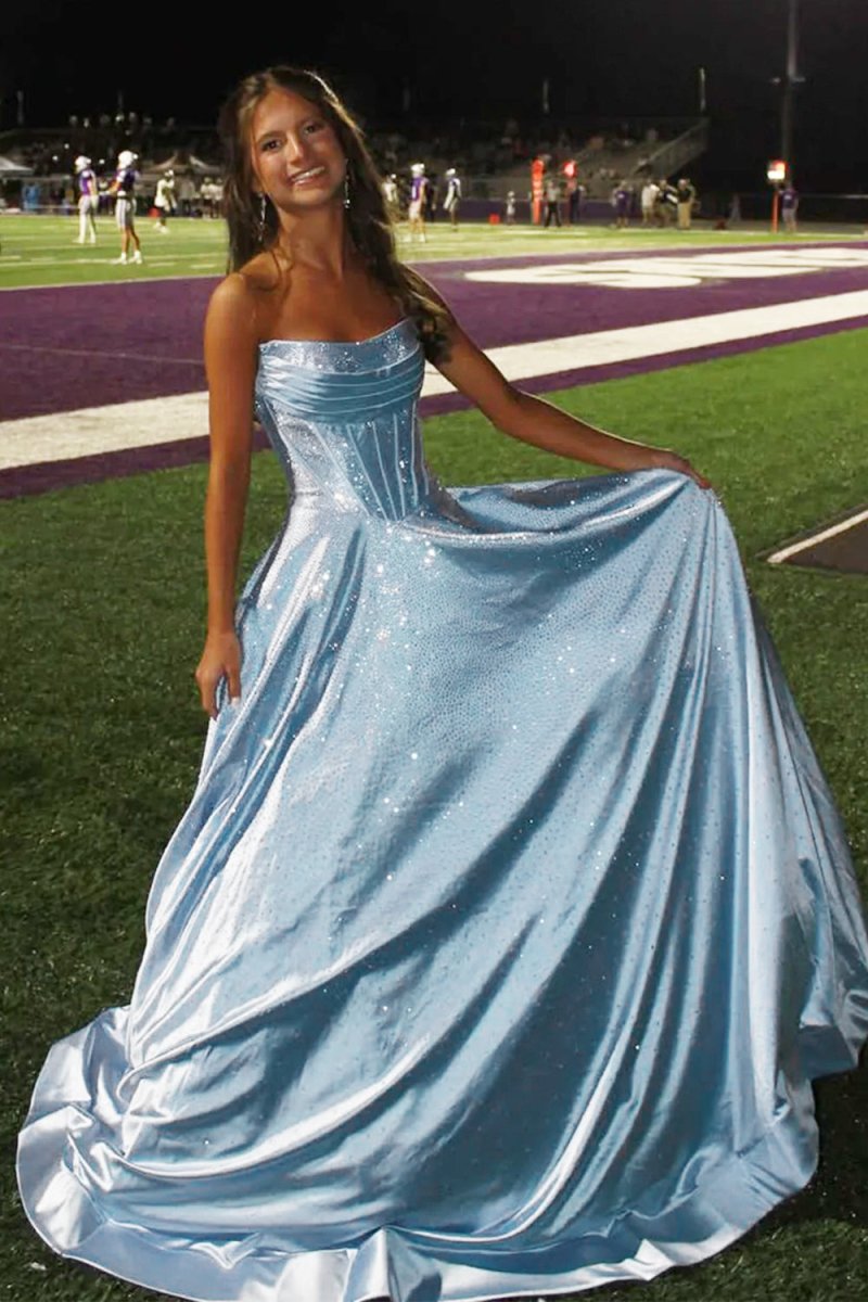 Niels | Sky Blue - Strapless A Line Satin Beaded Long Prom Dresses With Pockets - KissProm