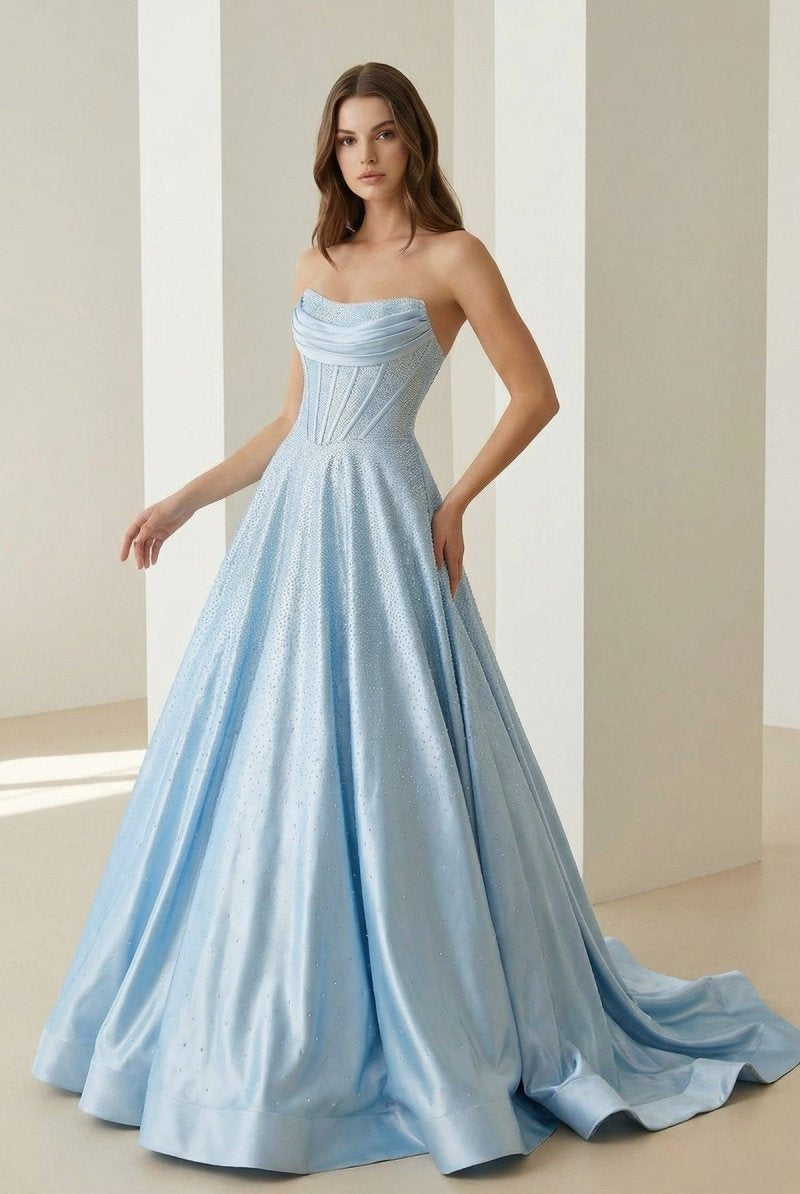 Niels | Sky Blue - Strapless A Line Satin Beaded Long Prom Dresses With Pockets - KissProm