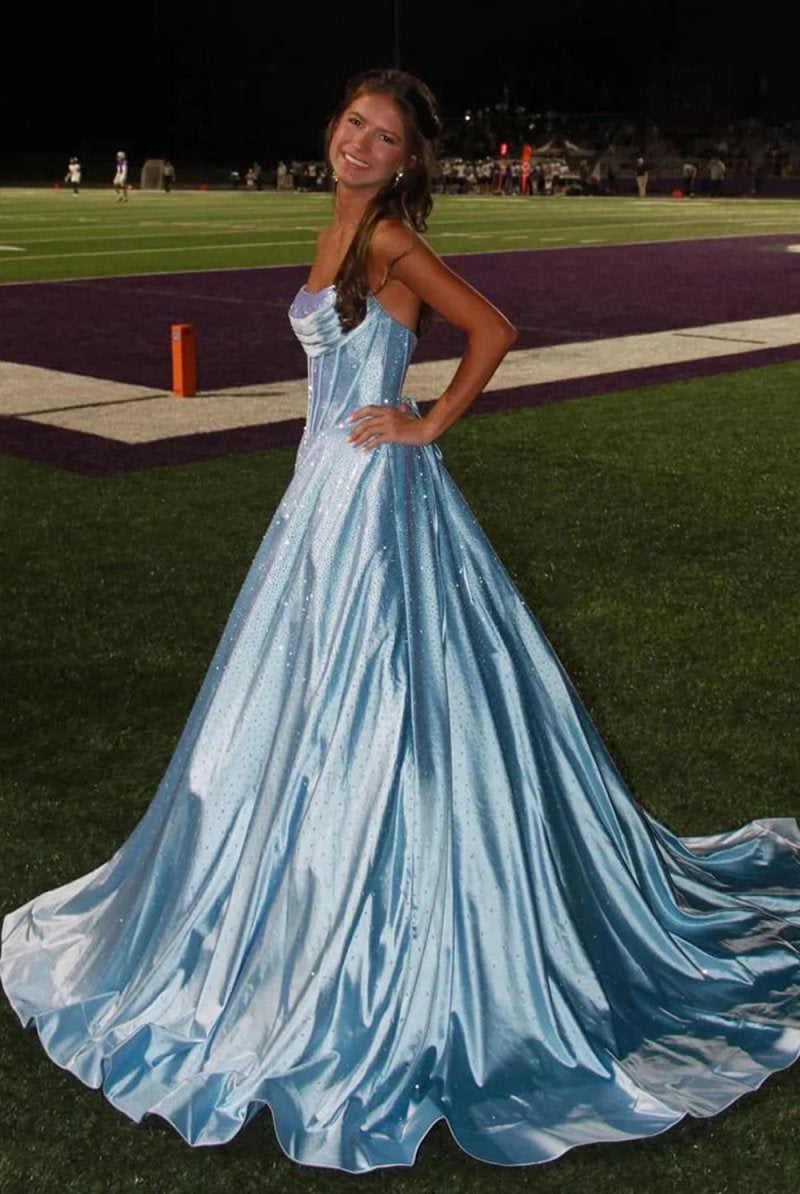 Niels | Sky Blue - Strapless A Line Satin Beaded Long Prom Dresses With Pockets - KissProm