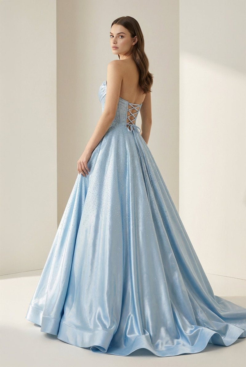 Niels | Sky Blue - Strapless A Line Satin Beaded Long Prom Dresses With Pockets - KissProm