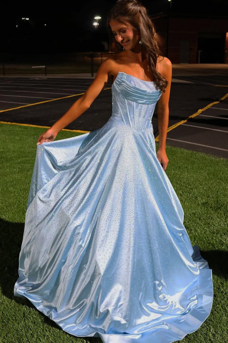 Niels | Sky Blue - Strapless A Line Satin Beaded Long Prom Dresses With Pockets - KissProm