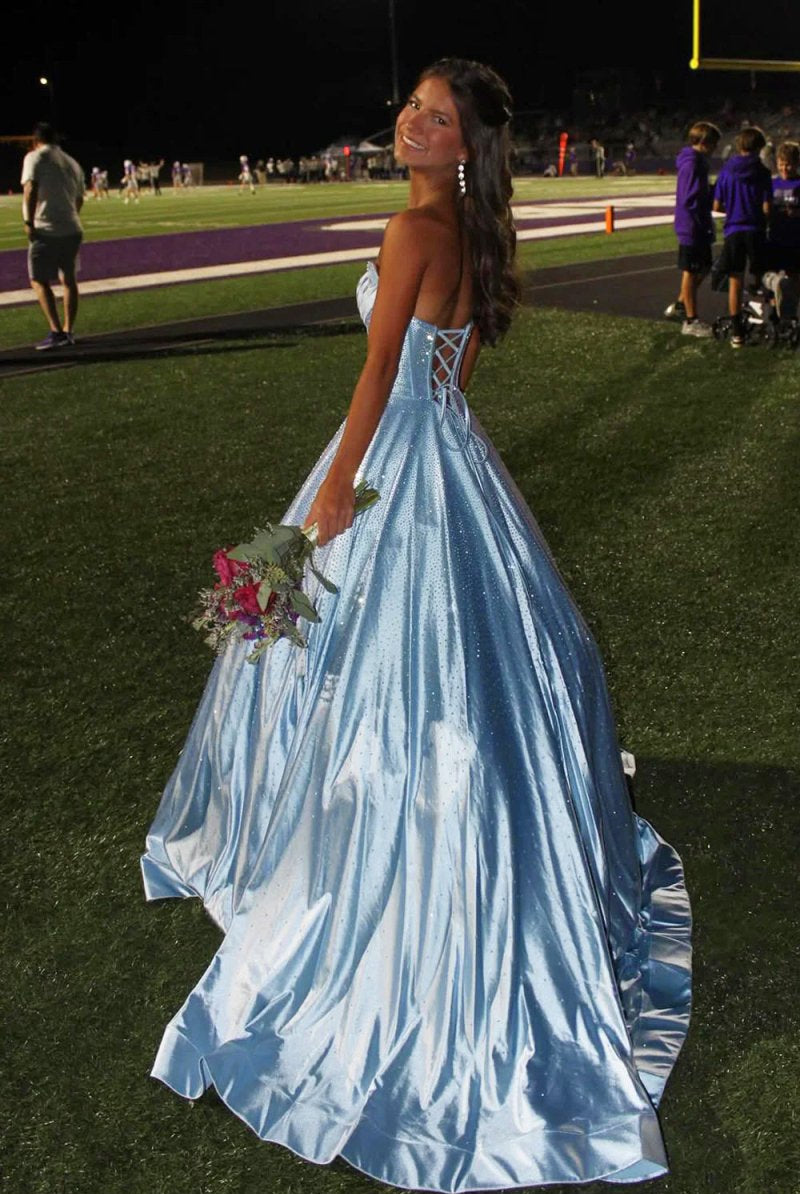 Niels | Sky Blue - Strapless A Line Satin Beaded Long Prom Dresses With Pockets - KissProm