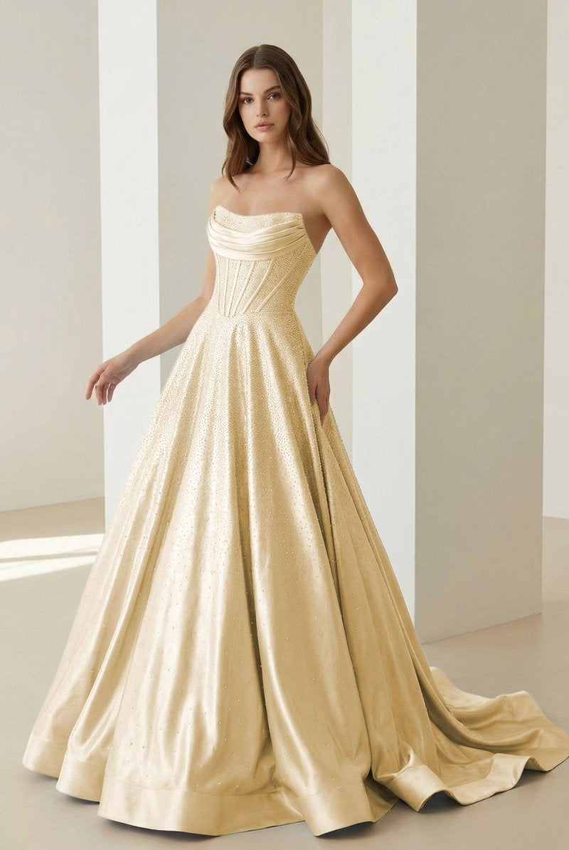 Niels | Yellow - Strapless A Line Satin Beaded Long Prom Dresses With Pockets - KissProm
