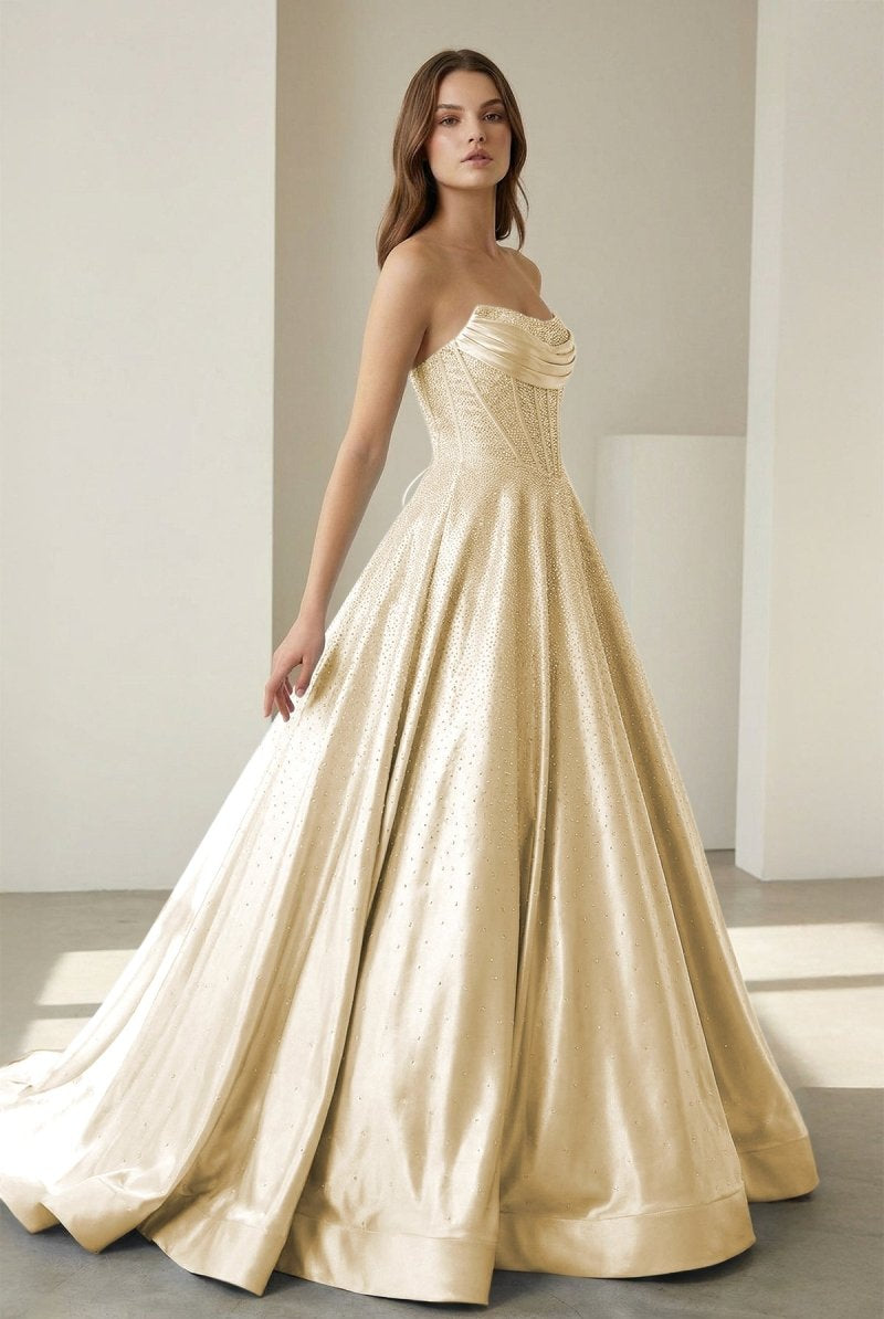Niels | Yellow - Strapless A Line Satin Beaded Long Prom Dresses With Pockets - KissProm