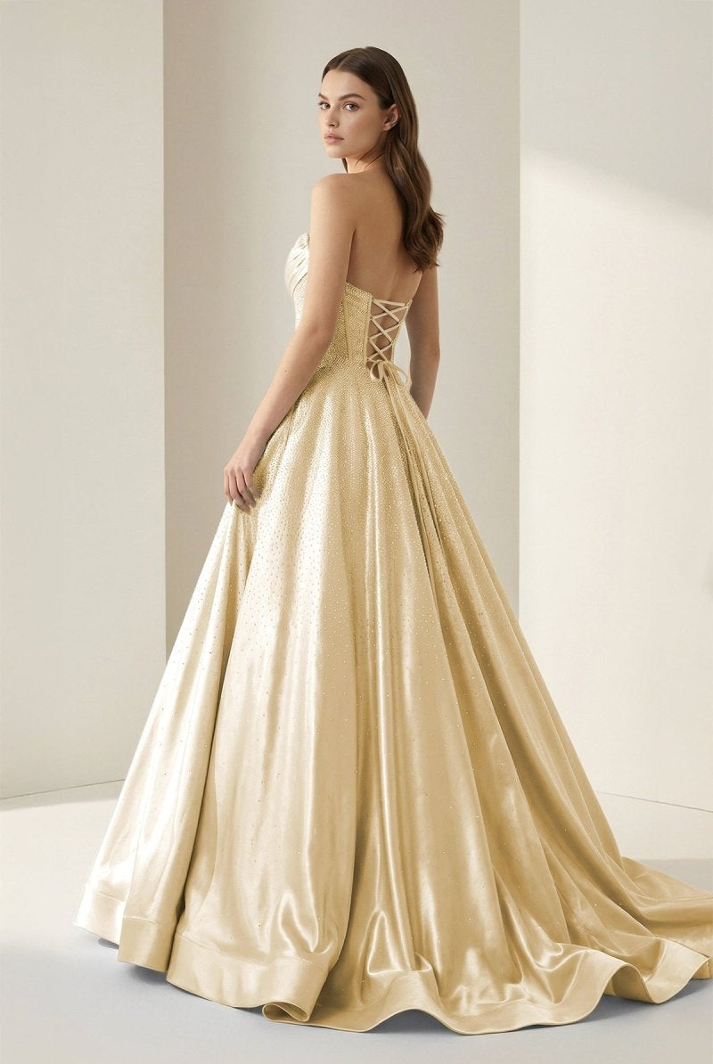 Niels | Yellow - Strapless A Line Satin Beaded Long Prom Dresses With Pockets - KissProm